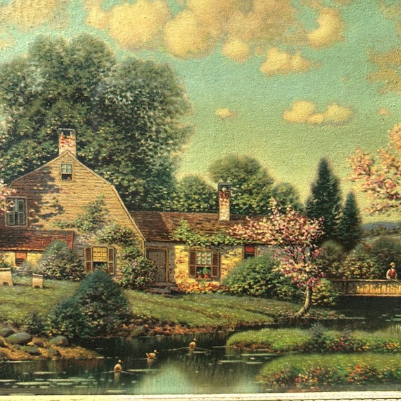 Vintage print in gold wood frame, cottage, spring, creek w/ ducks, 9x7” - Picture 4 of 5